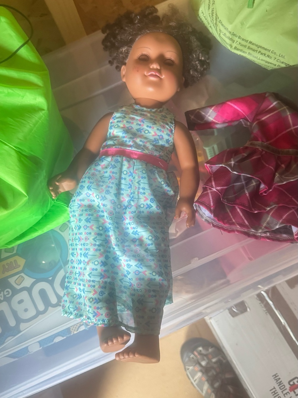 Girls Blue Patterned Dress Doll with Pink Sash - Kids Toy